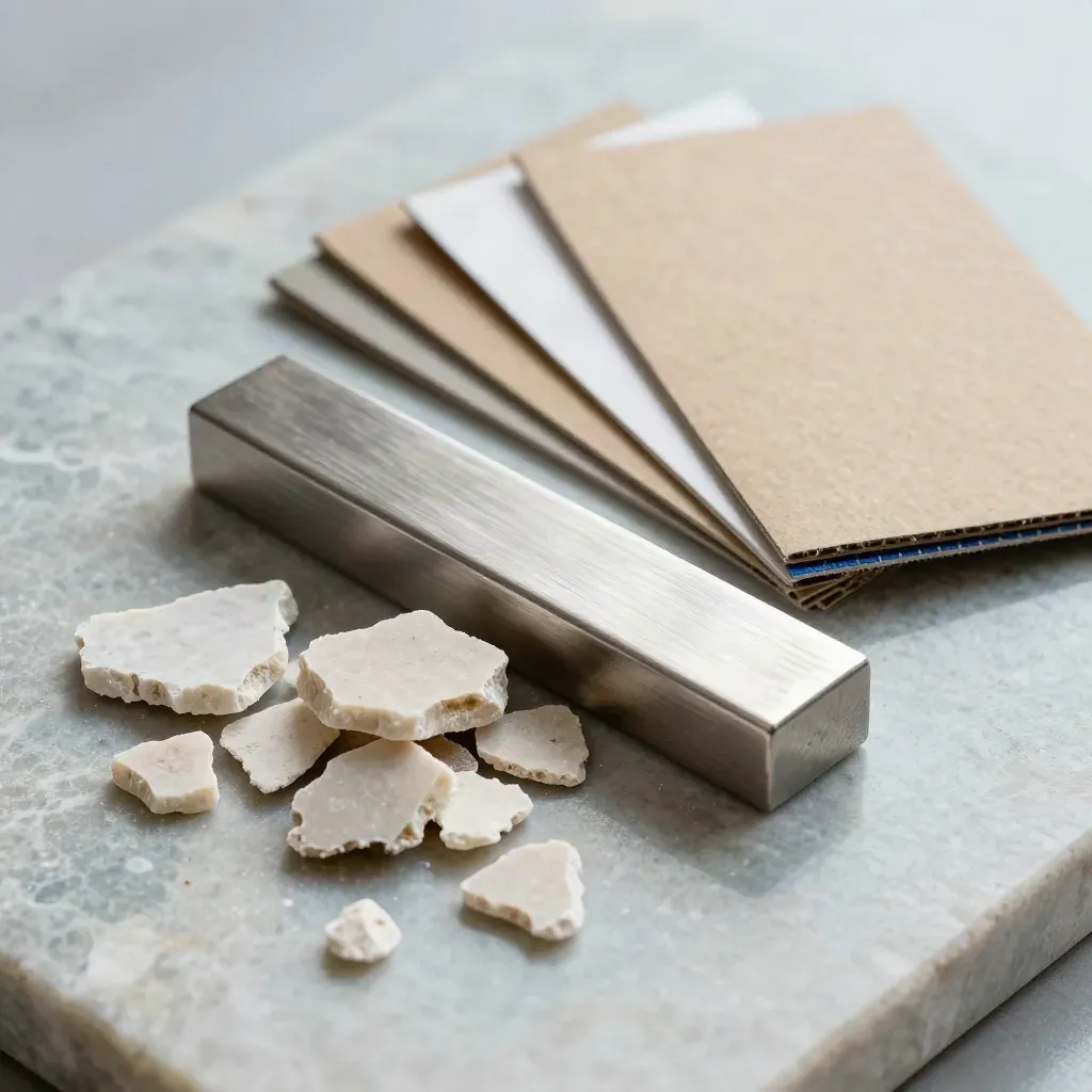 Architectural material chips, metal sample bar, and opened swatch sleeve on stone.
