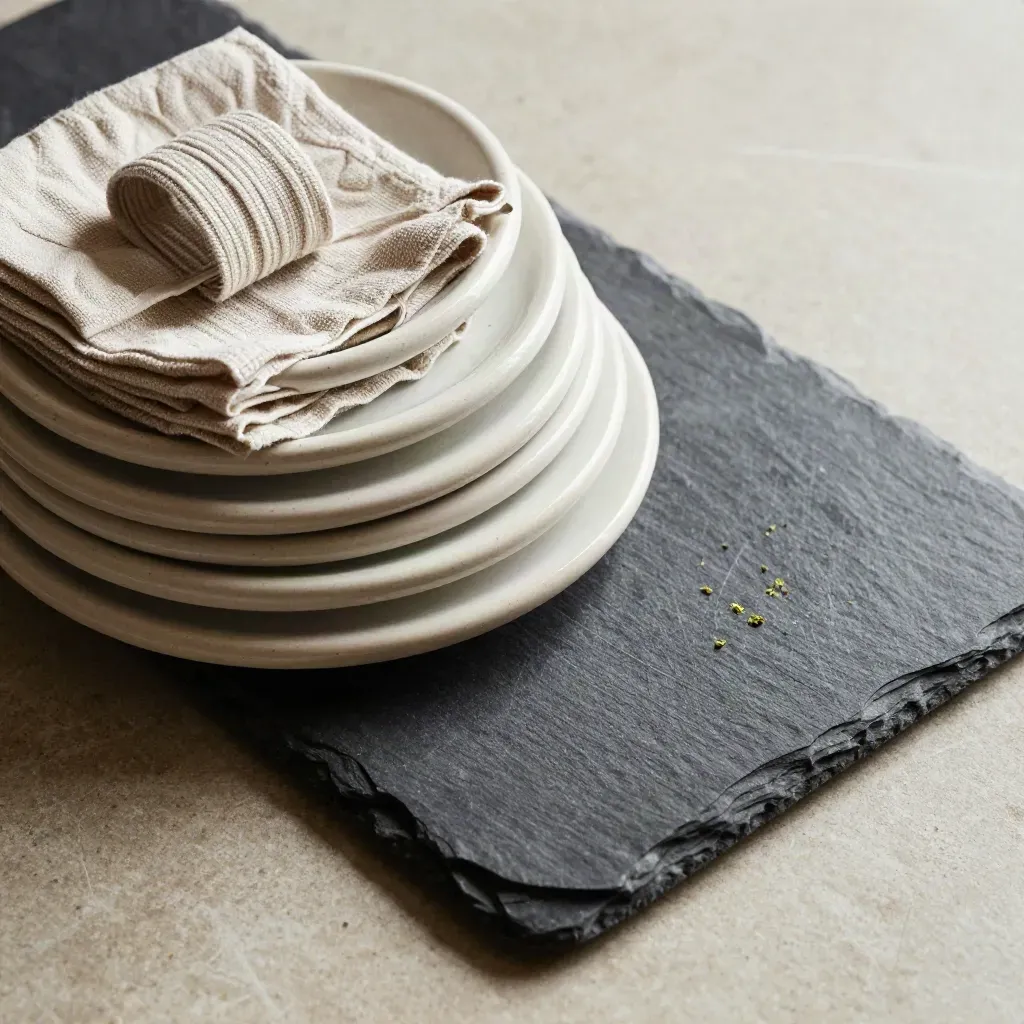 Top-down kitchen still life of ceramic prep markers, napkin rings and a slate board with steam haze