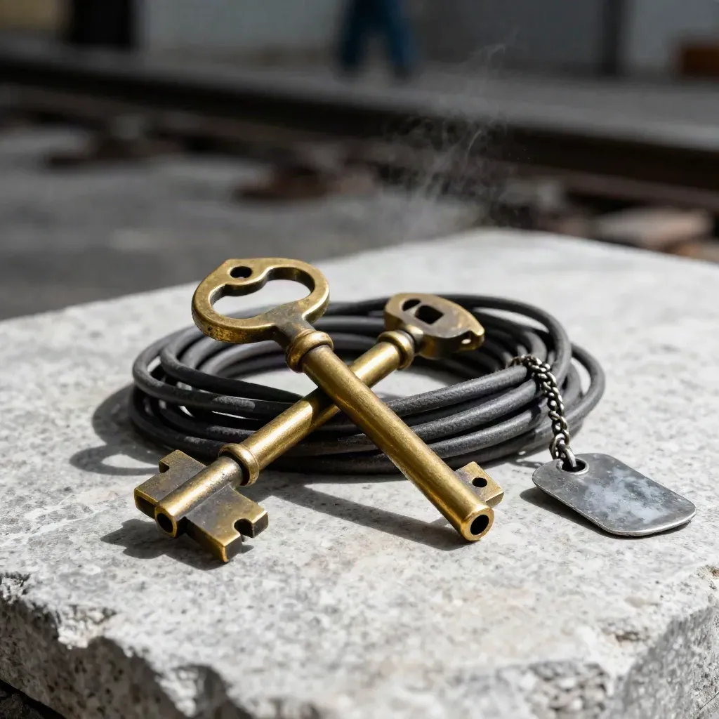 Brass signal key, dark cord, and metal tag chain on pale stone, lit dramatically.