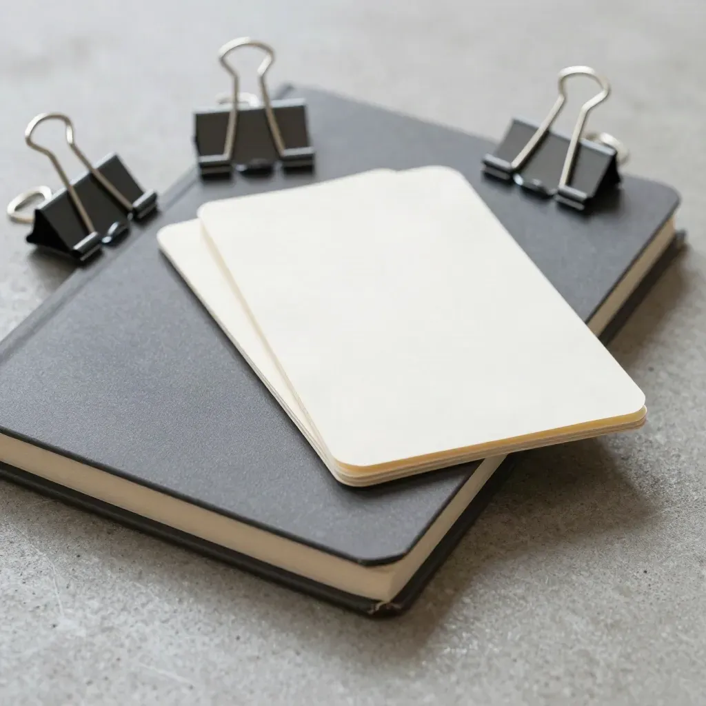 Graphite file clips with a charcoal notebook and blank index cards on concrete, seen from above.
