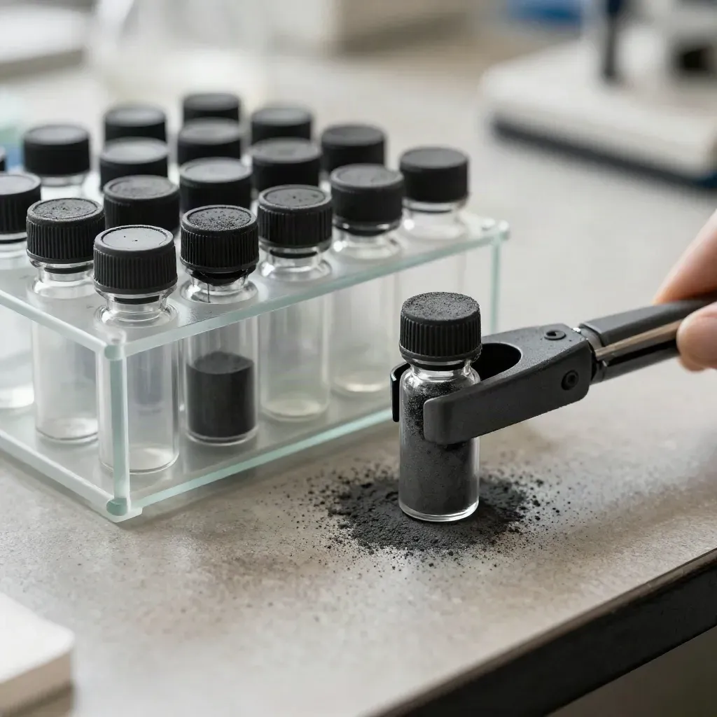Graphite sample vials, frosted rack, and matte clamp on a lab bench in cool daylight.