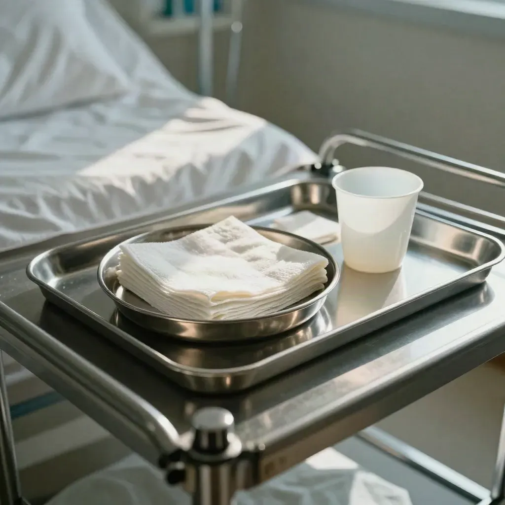 Hospital tray with steel dish, gauze, and medicine cup in dramatic studio light.