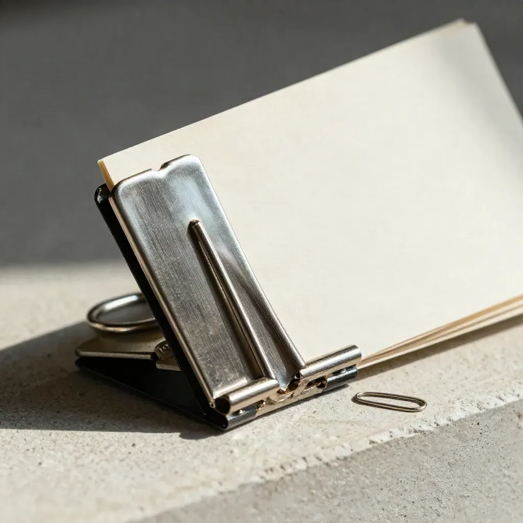 Brushed-metal task clip snapping shut on a cream card beside two tiny fasteners.