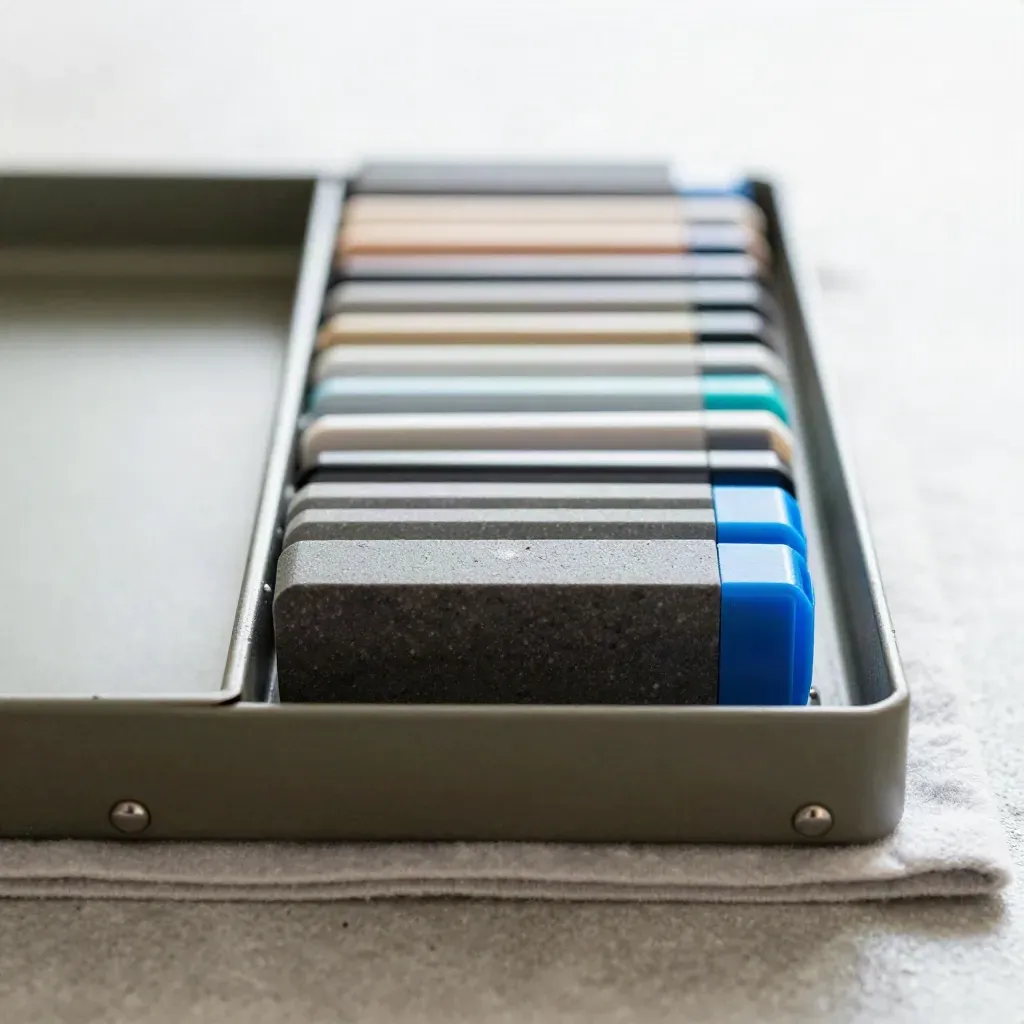 Macro of modular status trays and tabs shifting order on a pewter concrete surface.