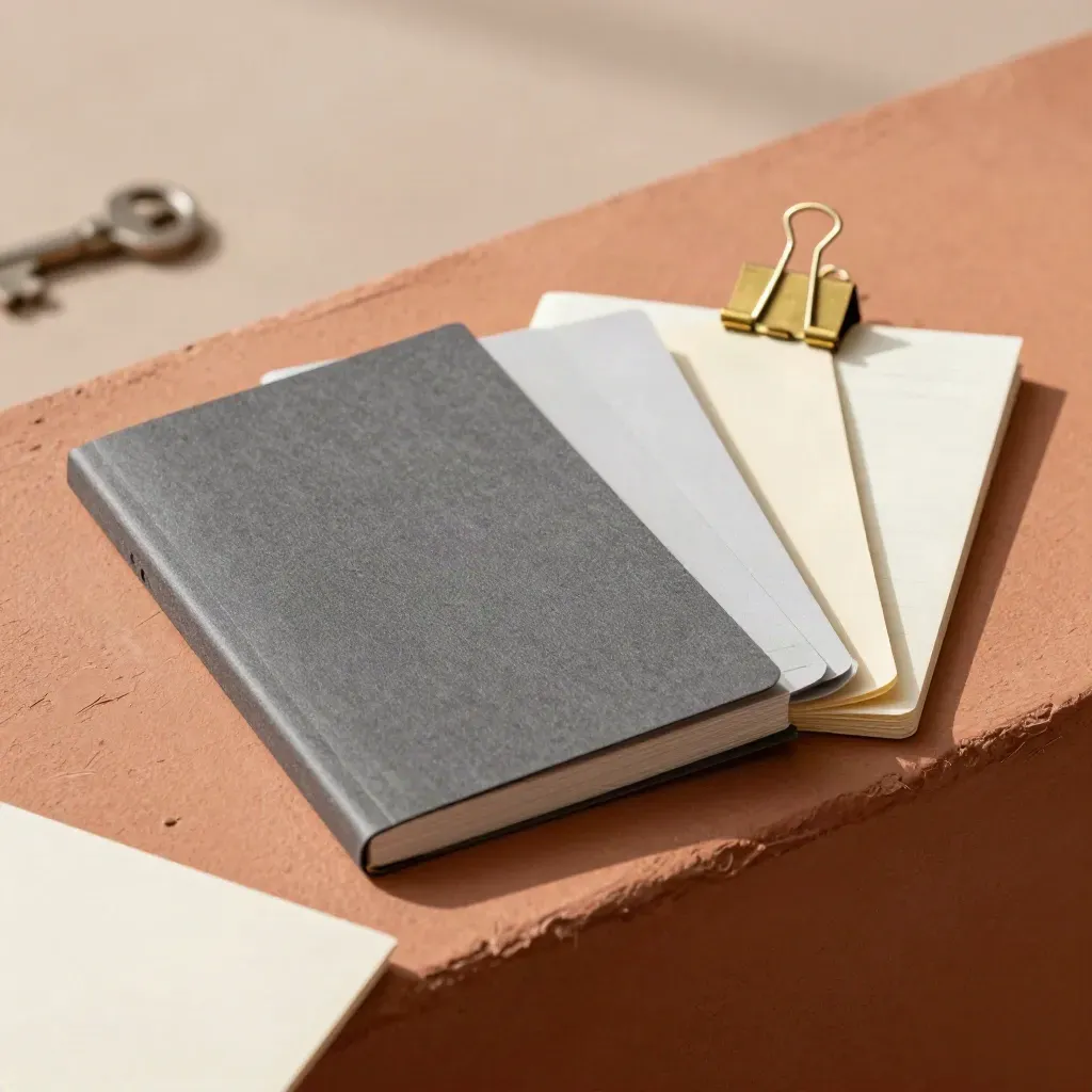Planning cards, brass clip and cream divider sheet in a dramatic studio still life.