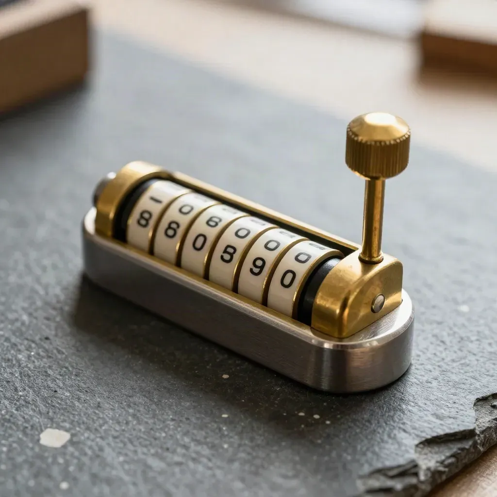Brass tally counter with bead markers on brushed steel, lit by soft daylight.