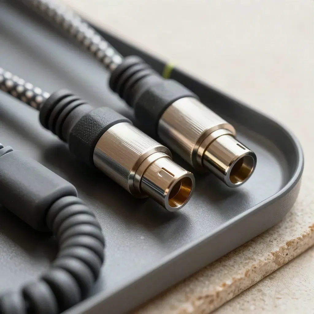 Macro of joined connectors, coiled cable and cable clips on graphite with a lime accent.