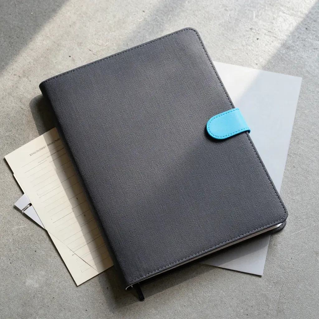 Onboarding binder, tab dividers, and setup card on concrete, top-down.