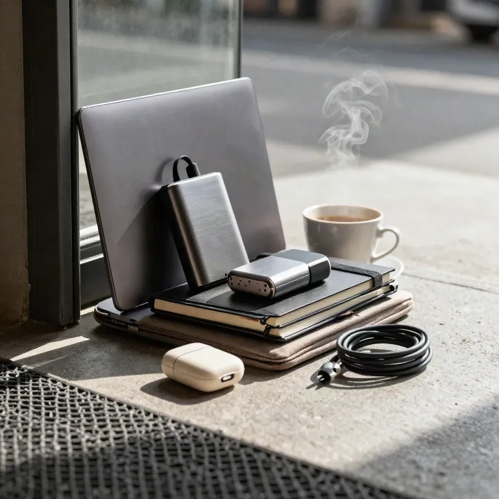Closed laptop, power bank, earbuds case and notebook in a dramatic cafe-side travel stack.