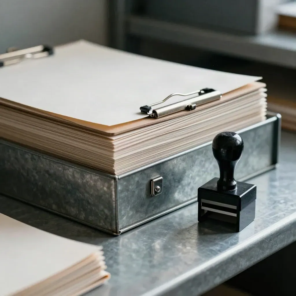 Stacked clipboards, metal inbox tray and desk stamp on a warehouse bench, viewed through a blurred sleeve.