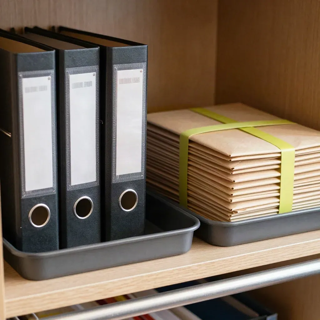 Office mail trays, ring binders, and banded envelopes on a calm shelf