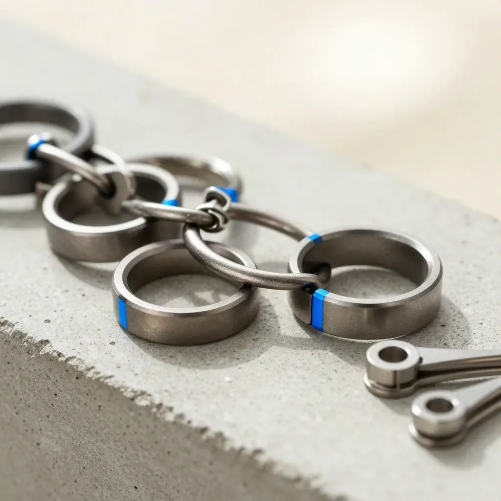 Macro still life of linked metal rings, cable clips and a hex spacer on pale concrete with blue accent.