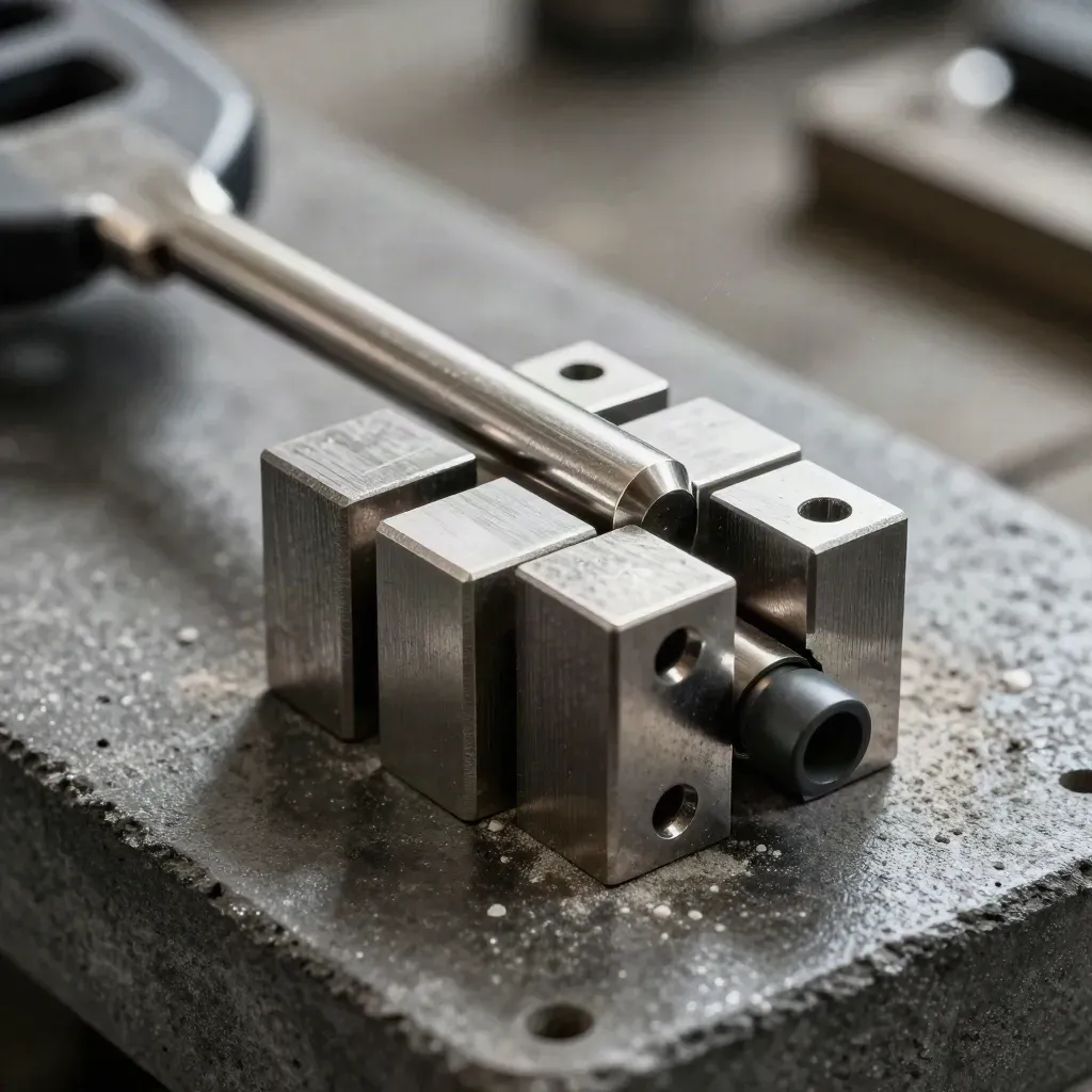 Dovetail metal blocks and connector bar nested on a charcoal concrete work surface.
