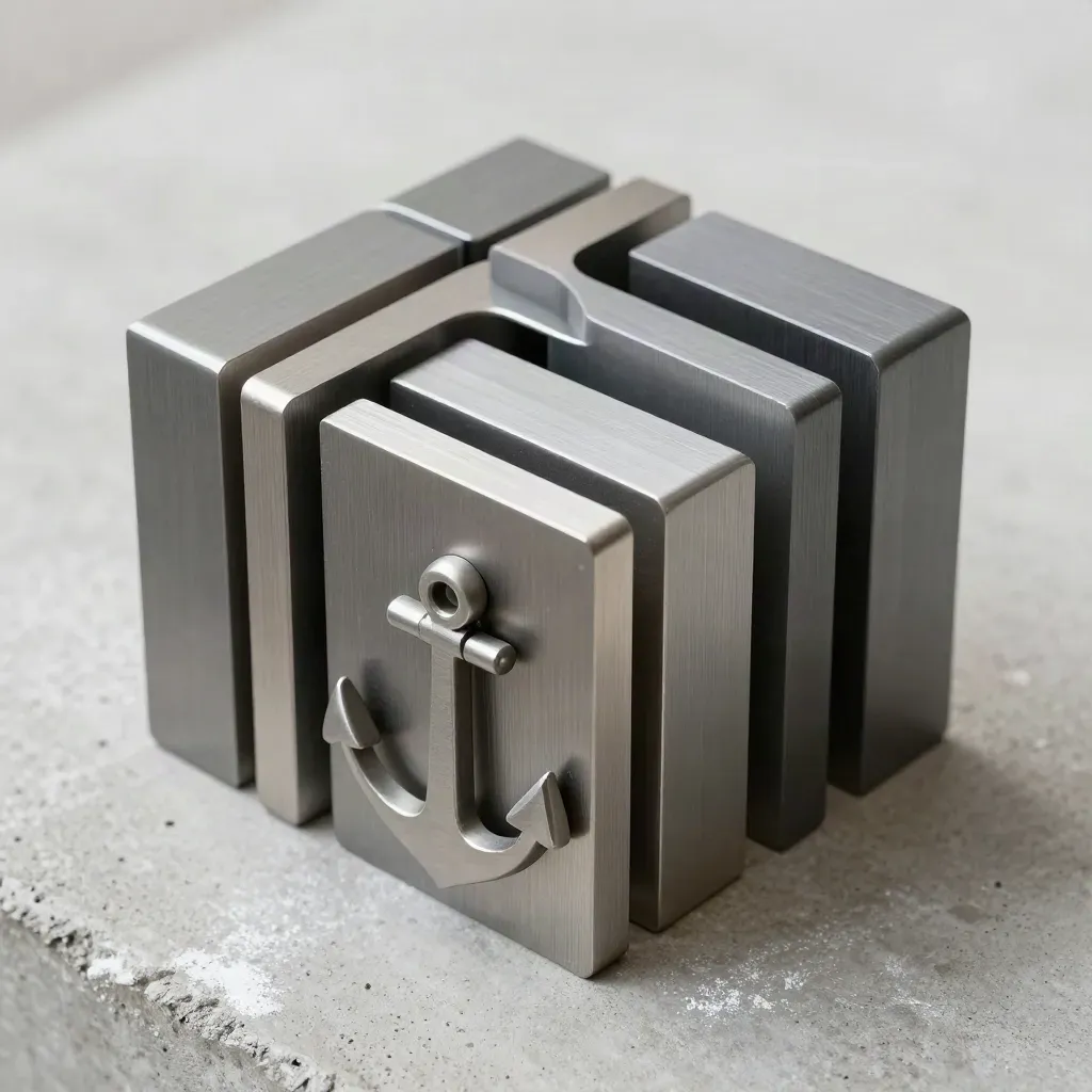 Nested square modules and anchor pieces stacked in a close-up modular grid on grey stone.