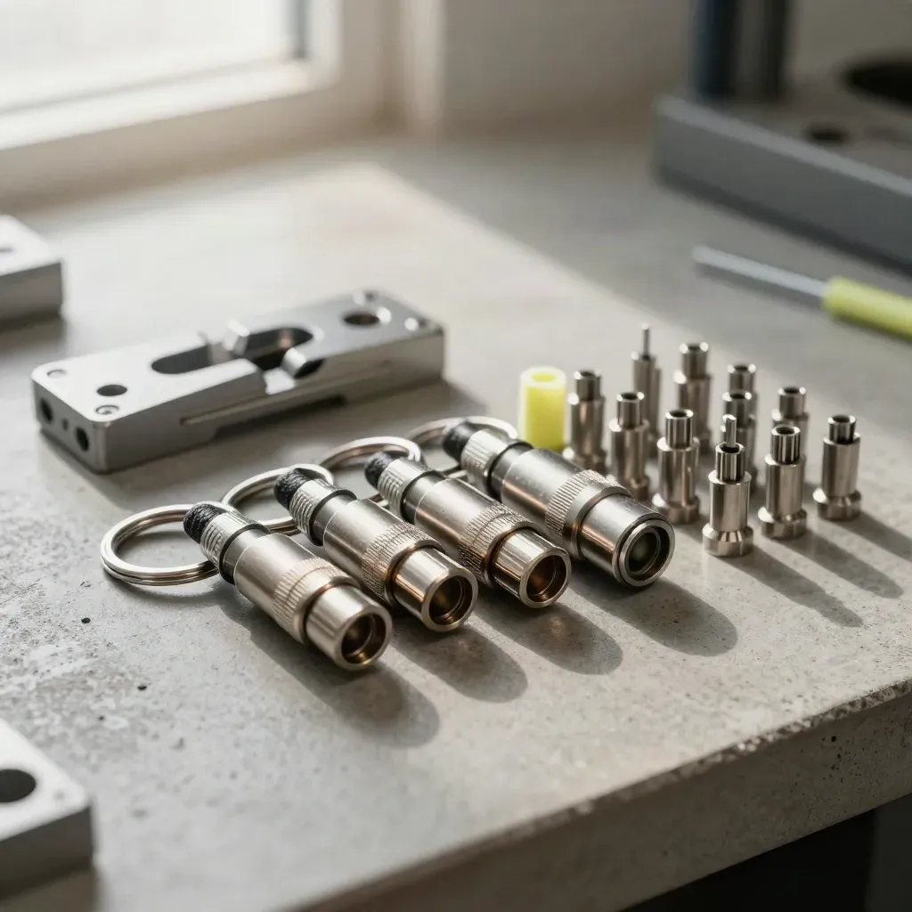 Precision connectors and keyrings on a graphite workbench in soft daylight.